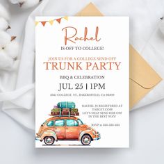 an orange car with luggage on top is in front of a card that says trunk party