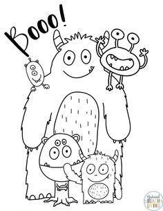 an adult monster and two small monsters with the word boo on it