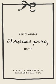 a white christmas party card with a black bow on the front and bottom, says you're invited