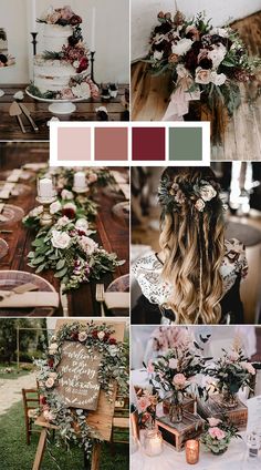 a collage of photos with flowers and greenery on the top, in different colors