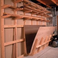 there are many wooden shelves in the building