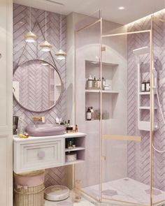 a bathroom with a walk in shower next to a white sink and mirror on the wall