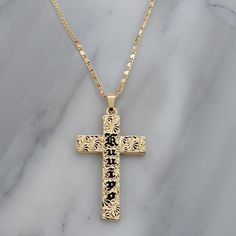 High Quality Gold Plated Hawaiian Kuuipo Scroll Cross Necklace. This Gold Plated Necklace Measures 21 Inches With A 3 Inch Extender Attached For Your Adjustment. You Can Easily Adjust The Necklace To Your Fitting Up To 24 Inches In Length. The Gold Chains Are Solid And Sturdy And Very Durable. They Are Gold Plated And Not Gold Filled Or Solid Gold. Personalized Black Cross Pendant Necklace, Bezel Set Necklace, Vintage Medallion, Party Necklace, Triangle Pendant, Pearl Cream, Free Earrings, Silver Heart Necklace, Glass Pendant Necklace