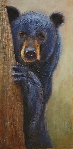 a painting of a black bear leaning on a tree