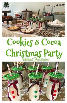 cookies and cocoa christmas party with snowmen in mason jars, marshmallows