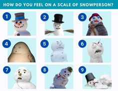 snowmen with hats and scarves on their heads are shown in the middle of an image