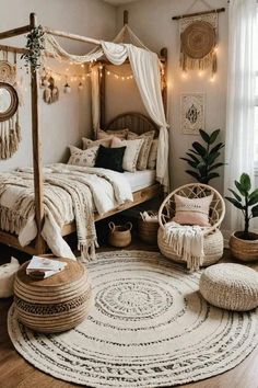 a bedroom with a canopy bed, wicker chairs and rugs on the floor