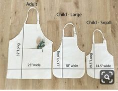 three aprons are shown with measurements for each one, and the other is labeled