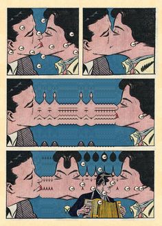 an old comic strip with two men kissing each other