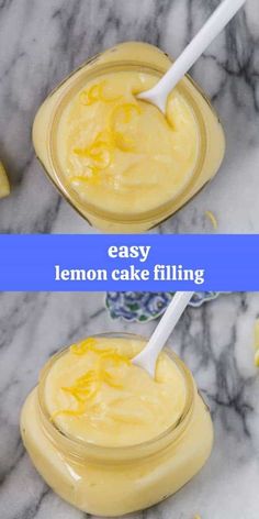 lemon cake filling in a glass jar with a spoon on the side, and another photo showing how to make it