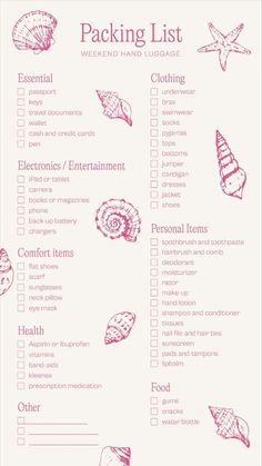 a pink and white checklist with seashells on the side, including an image of