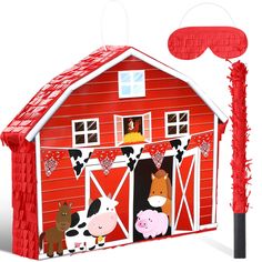 a red barn with farm animals on it