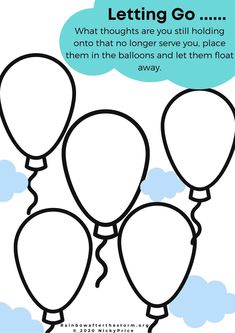 balloons flying in the sky with a thought bubble above them that reads letting go what thoughts are you still holding onto that no longer