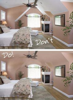 two pictures of a bedroom with pink walls and white bedding, one has a ceiling fan and the other has a fireplace