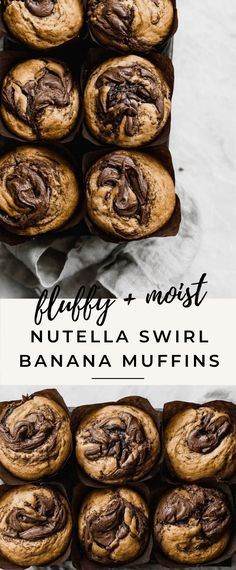 chocolate nutella swirl banana muffins stacked on top of each other with the title above it