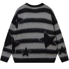 Description: Elevate your fall and winter style with our new Fuzzy Star Striped Knit Sweater from LEMANDIK®. This sweater combines comfort and fashion in a unique way, making it an essential addition to your seasonal wardrobe. Material: Crafted from a premium blend of 40% nylon, 15% polyester, 20% wool, and 25% acrylic, this high-quality mixed fabric ensures softness and comfort. It's the perfect blend to keep you warm and cozy. Details: The plush mohair star sweater features a distinctive striped print, seamlessly intertwined with charming star motifs. The round neck and oversize fit provide both comfort and style. Embrace the warmth of autumn and winter by wearing our retro striped star sweater. Style: The black and white striped knit sweater can be layered over a crisp white shirt for a Black And Gray Striped Sweater, Mens Black Sweater Outfit, Dream Clothes Winter, Sweaters Grunge, Black And Grey Striped Sweater, Funky Sweaters, Sweaters Aesthetic, Sweater Star, Korean Jeans