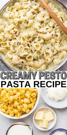 Top photo: Pasta in creamy sauce in a skillet. Bottom photo: Pasta, butter, milk, grated Parmesan cheese in separate bowls. Creamy Pesto Pasta Recipe, Reheat Pasta, Pesto Pasta Recipe, Creamy Pesto Pasta, Pesto Cheese, Pesto Pasta Recipes