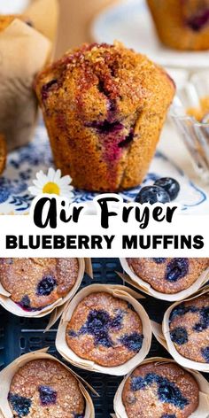 blueberry muffins with text overlay reading air fryer blueberry muffins