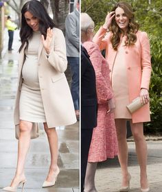 two pictures of the same woman in different outfits, one is pregnant and the other has her hand on her head