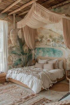 a large bed sitting under a canopy in a bedroom next to a window with curtains