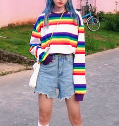 Rainbow Clothes Aesthetic, Rainbow Core Outfit, Rainbowcore Outfit, Black Zip Up Hoodies, Pony Style, Funky Style, Rainbow Outfit, Style Goals, Seoul Fashion