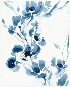 watercolor painting of blue flowers and leaves on white paper with black ink in the middle