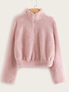 Zip Half Placket Teddy Sweatshirt - LuckyFash™ Teddy Sweatshirt, Winter Fit, Pink Sweatshirt, Shein Style, Sporty Style, Hoodie Print, Baby Pink, Drop Shoulder, Sweat Shirt