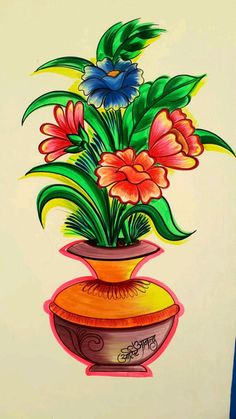 a painting of flowers in a vase on a wall