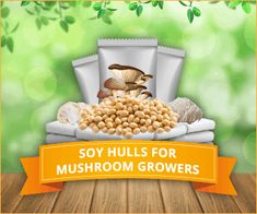 there are some mushrooms and other things on the table in front of this sign that says soy hulls for mushroom growers