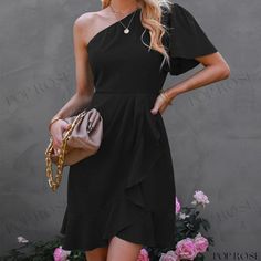 Timeless Fashion Pure Color High Waist One-Sleeved A-Line Dress Irregular Skirt, Pure Color, A Line Dress, Timeless Fashion, A Line, High Waist, Black Dress, Short Sleeves, High Waisted