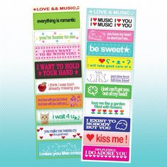 some stickers that are on the side of a sheet of paper with words and hearts