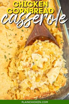 chicken cornbread casserole in a glass dish with a wooden spoon on the side