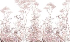 pink flowers and branches against a white background with watercolor effect in the foreground