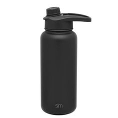 a black stainless steel water bottle on a white background with the lid open and handle extended