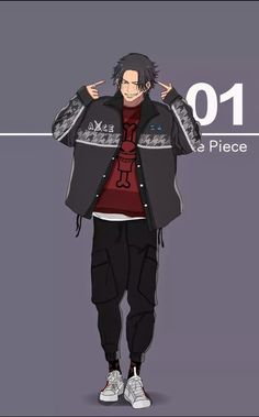 an anime character is standing with his hands behind his head and wearing a black jacket