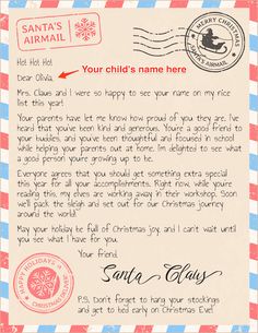 a letter from santa claus to the children's name here, which is written in red and blue