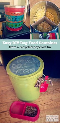 an easy diy dog food container from a recycled popcorn tin