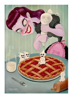 a painting of a woman cutting into a pie with three small dolls on the table next to it