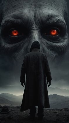 a man standing on top of a hill next to an evil looking creature with red eyes