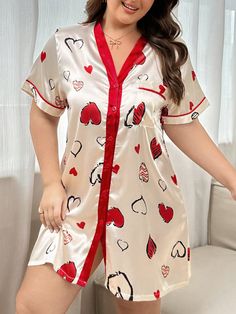 Color Block Trim Satin-Like Heart Printed Plus Size Women's Nightgown With Lapel Champagne Elegant  Short Sleeve Satin Geometric Nightgowns Non-Stretch Summer Women Plus Sleep and Lounge, size features are:Bust: ,Length: ,Sleeve Length: White Short Sleeve Nightgown For Pajama Party, Valentine's Day Heart Print Sleepwear, Valentine's Day Sleepwear With Heart Print For Sleepover, Valentine's Day Heart Print Sleepwear For Sleepover, Red Heart Print Sleepwear For Valentine's Day, Red Heart Print Sleepwear For Pajama Party, Nightgowns For Women, Sleep Dress, Sleepwear Women