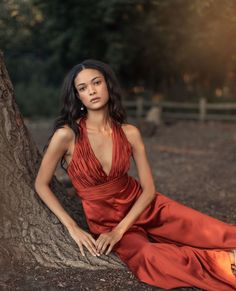 Embracing the warmth of the season with the color of the moment: Saffron. 🍂 ⁠ Ruched Halter Top, Satin Jumpsuit, Western Chic, Sapphire Color, Mac Duggal, Ruched Bodice, Halter Neckline, Wide Leg Jumpsuit, Satin Fabric