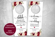 two door hangers with the words welcome to our wedding, and flowers on them