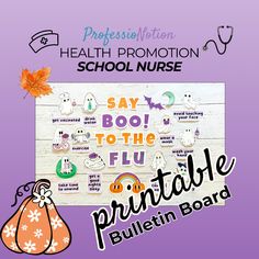 Introducing the Fall Flu Season Bulletin Board Kit! This engaging display emphasizes health promotion featuring easy to understand visuals that are suitable for all ages. Use these charming retro styled ghost decorations for Bulletin Board and doors in school nurse offices, clinics, health offices, health rooms, hospitals, and other healthcare facilities aiming to promote health! Visit to shop now! School Nurse Printables, School Nurse Appreciation, School Nurse Office Decorations, Nurse Office Decor, Nursing School Gifts, Nurse Office, Bulletin Board Sets