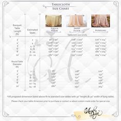 the tablecloth size chart for different types of tables cloths and other things to choose from