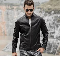 Introducing the Men's Genuine Lambskin Leather Motorcycle Jacket with Zipper Closure in classic black. This jacket is crafted for those who appreciate both style and functionality, making it a perfect addition to any wardrobe. The jacket features a stand collar and a regular clothing length, providing a sleek and polished look. Designed with a zipper closure, it offers easy wear and a secure fit. The jacket is made from high-quality genuine lambskin leather, ensuring durability and a luxurious f Racer Jacket Men, Black Leather Racer Jacket, Mens Leather Blazer, Leather Racer Jacket, Fitted Biker Jacket, Black Leather Jacket Men, Racer Motorcycle, Cafe Racer Jacket, Best Leather Jackets