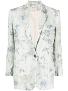 light blue cotton all-over floral print notched lapels front button fastening long sleeves chest welt pocket two front welt pockets straight hem Rose Denim Jacket, Bleached Denim Jacket, Bleached Denim, Floral Blazer, Breasted Blazer, Rose Print, Jil Sander, Rick Owens, Outerwear Women