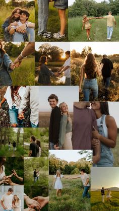 a collage of people holding hands and walking in the grass with trees behind them