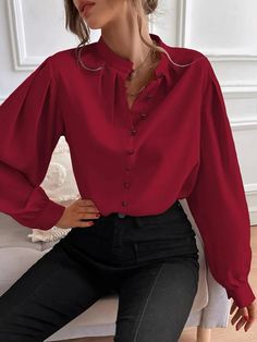 SkuCY-!151314MaterialPolyester StyleLoose , Puff Sleeves FeaturePleated , Split-joint , Solid Color NecklineStand Collar OccasionCasual , Office , Urban SeasonsSpring , Summer , Autumn TypeBlouses ColorPINK,BLUE,WHITE,KHAKI,BLACK,YELLOW,BURGUNDYSizeS,M,L,XL,2XL Please consult the size chart we provide for this item's measurements to help you decide which size to buy.Please note: There may be 1-3cm differ due to manual measurement.CMINCHBustShoulderSleeveLengthS102375761M106385862L110395963XL1144060642XL118416165 Stand Collar Blouse, Fall Blouse, Party Attire, Bishop Sleeve, Work Tops, Red Shirt, Collar Blouse, Womens Tunics, Red Blouses