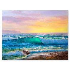 an oil painting of waves crashing on the beach