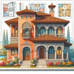 an architectural drawing of a house with orange and blue colors on the roof, windows, and balconies